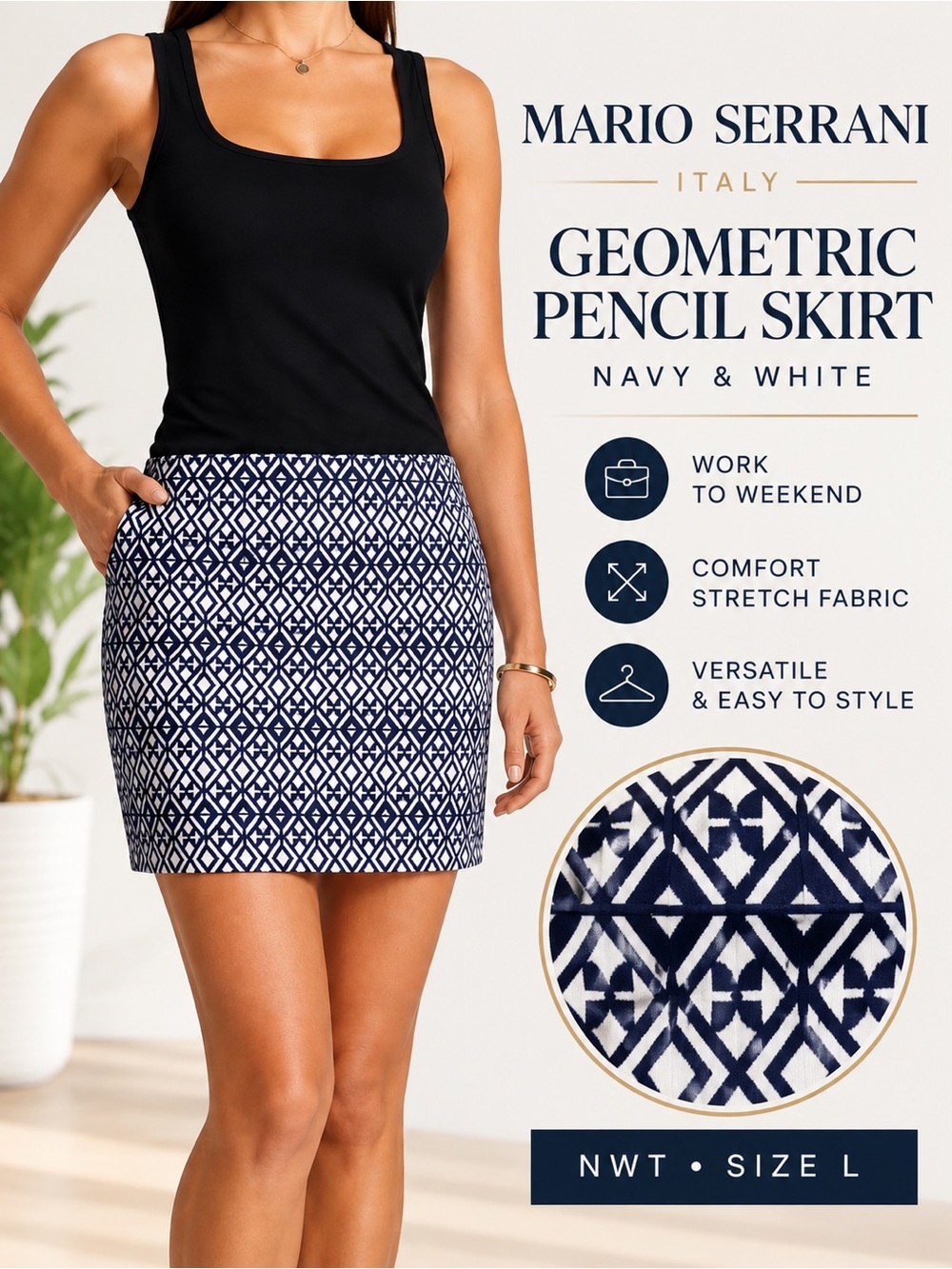 Mario Serrani Italy Geometric Pencil Skirt Navy White NWT Size L